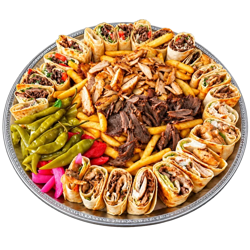 A fusion sharing platter with shawarma wrap bites, fries, meat and pickles
