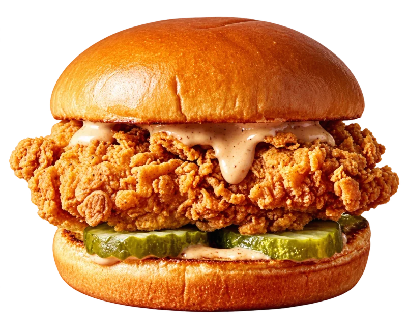 Golden hand-breaded AL CHICK chicken sandwich with pickles and sauce