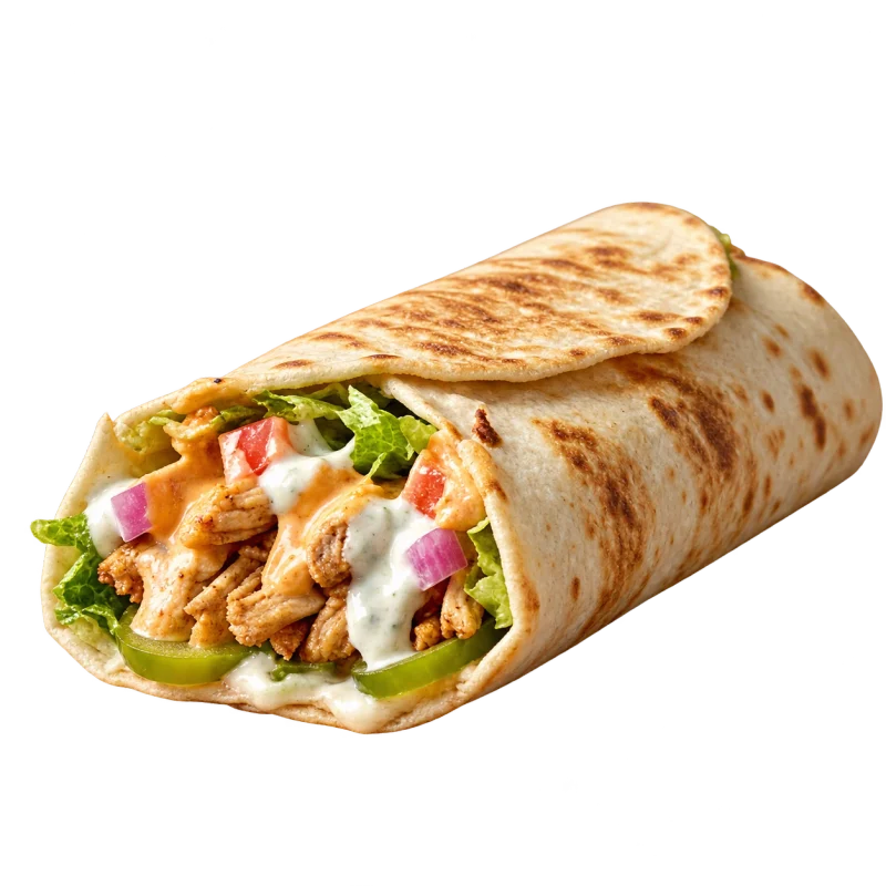 Chicken shawarma wrap with vegetables and garlic sauce